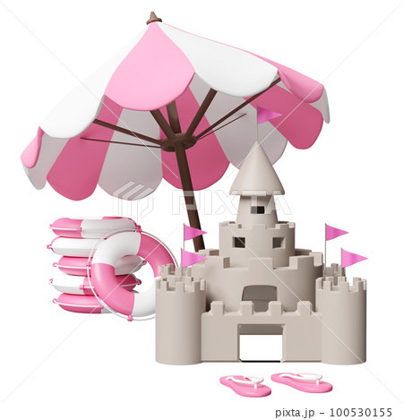 3d summer sea beach with sand castle, umbrella, pile of stacked lifebuoy, sandals isolated. summer travel concept, 3d render illustration 3d summer sea beach with sand castle, umbrella, pile of stacked lifebuoy, sandals isolated. summer travel concept, 3d render illustration 100530155