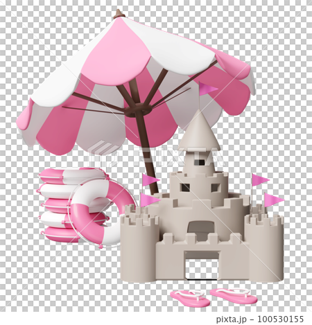 3d summer sea beach with sand castle, umbrella, pile of stacked lifebuoy, sandals isolated. summer travel concept, 3d render illustration 3d summer sea beach with sand castle, umbrella, pile of stacked lifebuoy, sandals isolated. summer travel concept, 3d render illustration 100530155