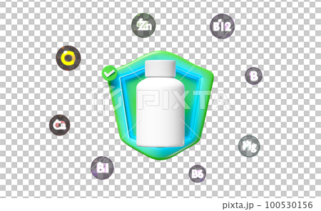 3d white pill bottle, protect your health with multivitamins, checkmark, shield icon, The vitamins your body needs isolated. 3d render illustration 100530156