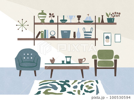 おしゃれなリビングのイラスト レトロなカフェ風の部屋インテリア おしゃれなリビングのイラスト レトロなカフェ風の部屋インテリア 100530594