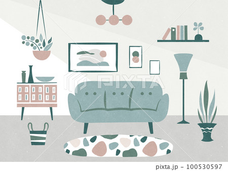 おしゃれなリビングのイラスト レトロモダンな部屋のインテリア 100530597