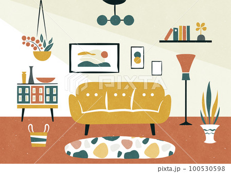 おしゃれなリビングのイラスト レトロモダンな部屋のインテリア 100530598