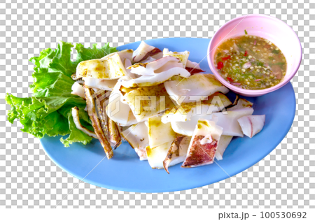 grilled squid on plate isolated 100530692