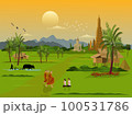 A Buddhist monk is walking on a road with men and women sitting in worship. Farmers plowing fields with buffaloes with pagodas and the morning sky in the background. 100531786