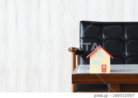 リビングのテーブルに置かれた住宅模型 100532007