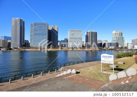 東京都市風景 隅田川と街並み 隅田川テラス 越中島公園 東京都市風景 隅田川と街並み 隅田川テラス 越中島公園 100532517