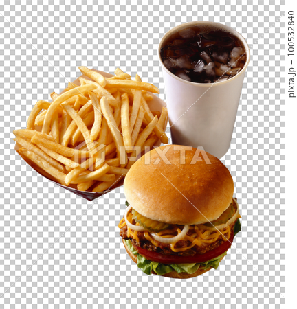 Hamburger and french fries isolated on white background. 100532840