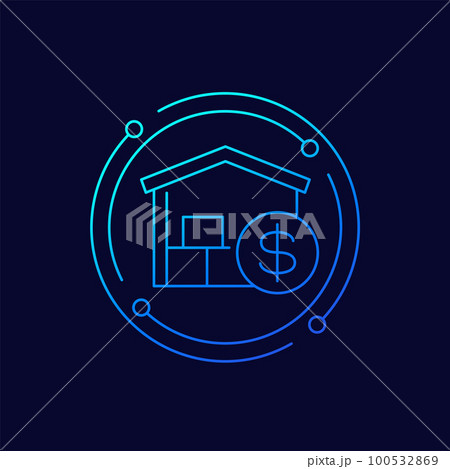 Storage costs icon with a warehouse, linear design Storage costs icon with a warehouse, linear design 100532869