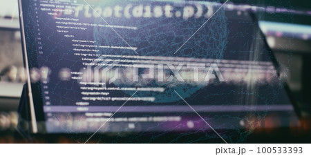 CSS, JavaScript and HTML usage. Monitor closeup of function source code. Abstract IT technology background. Software source code. 100533393