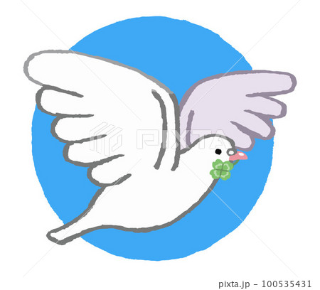 青空を飛ぶ四葉のクローバーを咥えた白い鳩（手書きカラー） 100535431