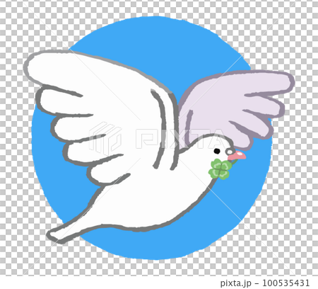 青空を飛ぶ四葉のクローバーを咥えた白い鳩（手書きカラー） 100535431