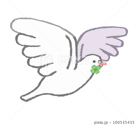 四葉のクローバーを咥えた白い鳩（手書きカラー）のイラスト素材
