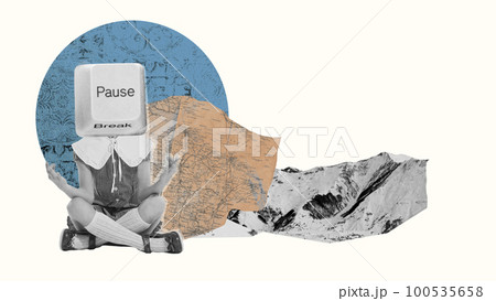 Contemporary art collage. Creative design. Girl with pause keyboard button on head sitting in yoga lotus pose and meditating 100535658