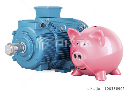 Industrial electric motor with piggy bank, 3D rendering Industrial electric motor with piggy bank, 3D rendering 100536905