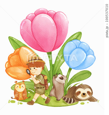 Giant tulip flowers with wildlife animals owl raccoon sloth bear and adventure boy . Realistic watercolor paint with paper textured . Cartoon character design . Vector . 100537010