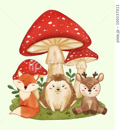 Giant mushrooms with wildlife animals fox hedgehog and deer . Realistic watercolor paint with paper textured . Cartoon character design . Vector . Giant mushrooms with wildlife animals fox hedgehog and deer . Realistic watercolor paint with paper textured . Cartoon character design . Vector . 100537011