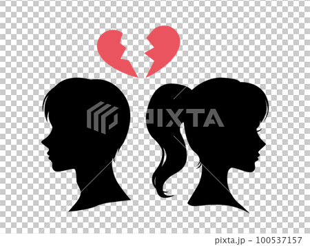 割れたハートと背中合わせの男女の横顔シルエットのイラスト素材