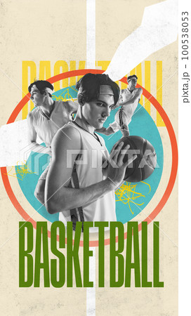 Retro style poster with potraits of young basketball player. Contemporary art collage. Concept of creativity, action, energy, sport, competition and ad. Retro style poster with potraits of young basketball player. Contemporary art collage. Concept of creativity, action, energy, sport, competition and ad. 100538053