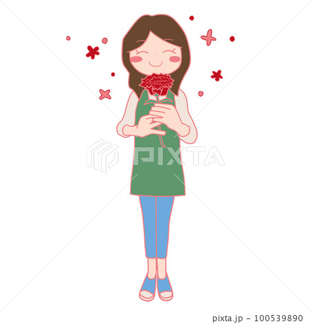 笑顔でカーネーションを持って立っている女性の全身のカラーイラスト 100539890