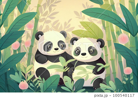 Cute adorable kawaii pandas living in the bamboo forest. Greeting cartoon card Cute adorable kawaii pandas living in the bamboo forest. Greeting cartoon card 100540117