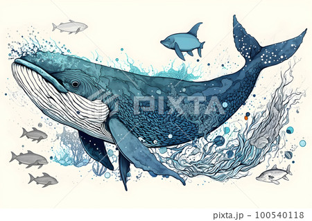 Whale in water with fish. Hand drawn illustration. A ready illustration for a book. A fairy tale character 100540118