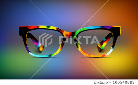 Closeup of sunglasses in multicolored spectacle frame Closeup of sunglasses in multicolored spectacle frame 100540685