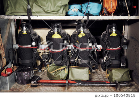 Oxygen balloons. Close up view of firefighter's equipment that is inside of the truck Oxygen balloons. Close up view of firefighter's equipment that is inside of the truck 100540919