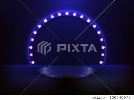 3D realistic blue podium pedestal with glowing light bulb circle backdrop on dark background retro style 100540976