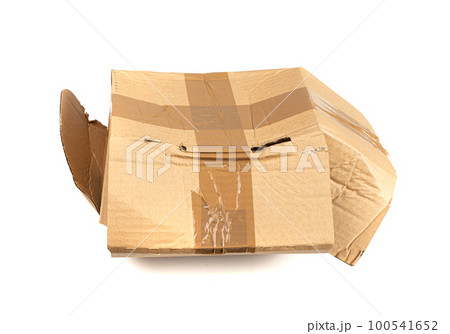 Damaged Box Isolated, Craft Paper Delivery Package, Broken Carton Packaging, Crumpled Cardboard Box 100541652