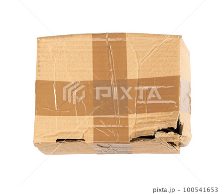 Damaged Box Isolated, Craft Paper Delivery Package, Broken Carton Packaging, Crumpled Cardboard Box 100541653