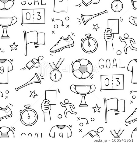 Soccer doodle seamless pattern. Football goal, award cup, whistle hand drawn line doodle sketch style equipment icon Soccer doodle seamless pattern. Football goal, award cup, whistle hand drawn line doodle sketch style equipment icon 100541951