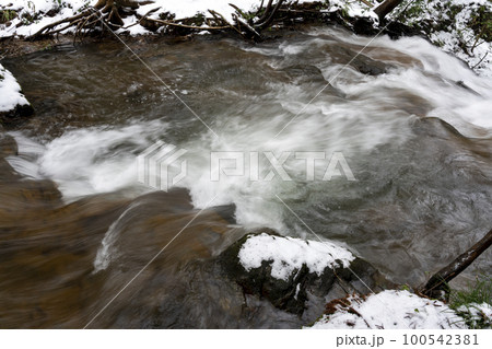 雪化粧した森の中を流れる渓流 雪化粧した森の中を流れる渓流 100542381