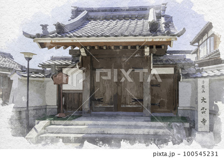 水彩画風　彦根市街　花しょうぶ通り商店街　大雲寺　滋賀県彦根市 100545231