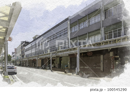 水彩画風　彦根市街　銀座街　滋賀県彦根市 100545290