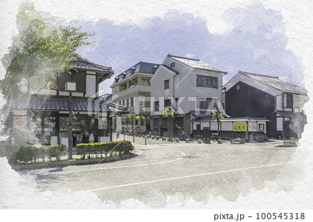 水彩画風　彦根市街　四番町スクエア　滋賀県彦根市 100545318