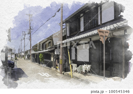 水彩画風　彦根市街　四番町スクエアからの路地　滋賀県彦根市 100545346