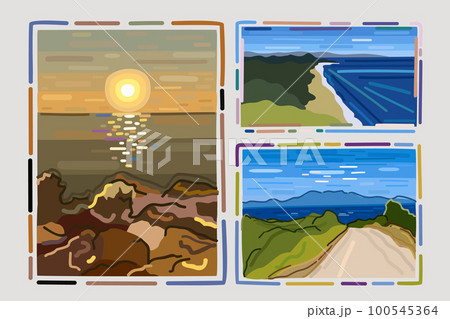 Vector collection of three bright landscapes with simple frames. Summertime. Sunset. Seashore. Road to the sea. Pointillism style. Isolated on light background. 100545364