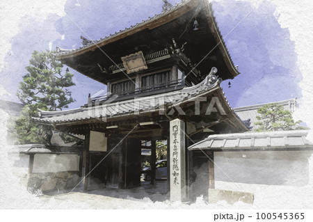 水彩画風　彦根市街　来迎寺　滋賀県彦根市 100545365