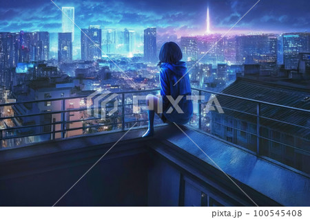 ビルの屋上から街の夜景を見る少女 100545408