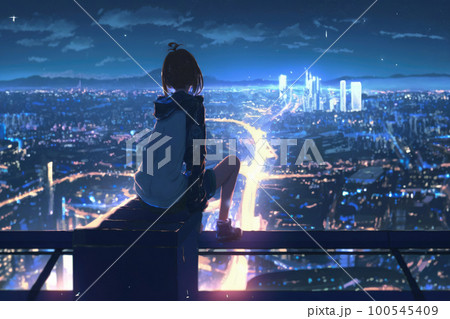 ビルの屋上から街の夜景を見る少女のイラスト素材 [100545409] - PIXTA