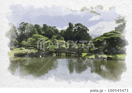 水彩画風　彦根城　玄宮楽々園　玄宮園庭園　滋賀県彦根市 100545471