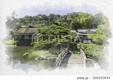 水彩画風　彦根城　玄宮楽々園　玄宮園庭園　七間橋と臨池閣　滋賀県彦根市 100545644