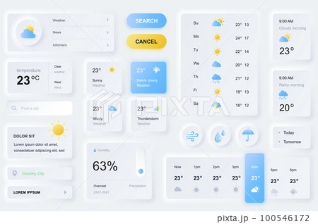 User interface elements for weather forecast mobile app. Unique neumorphic design UI, UX, GUI, KIT elements template. Neumorphism style. Different form, components, button, menu 100546172