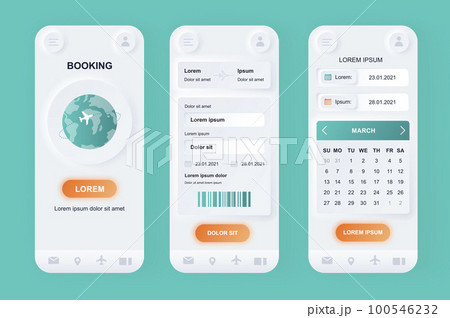 Flight booking unique neomorphic design kit. Online air tickets search and reservation, departure and arrival destinations, calendar. UI UX templates set. Vector illustration of GUI for mobile app. 100546232