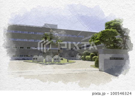 水彩画風　彦根城　滋賀県立彦根東高等学校　滋賀県彦根市 100546324