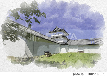 水彩画風　彦根城　西の丸三重櫓　滋賀県彦根市 100546383