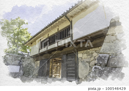 水彩画風　彦根城　太鼓門　滋賀県彦根市 100546429
