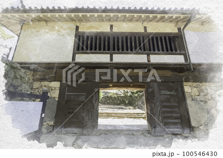 水彩画風 彦根城 太鼓門 滋賀県彦根市 水彩画風 彦根城 太鼓門 滋賀県彦根市 100546430