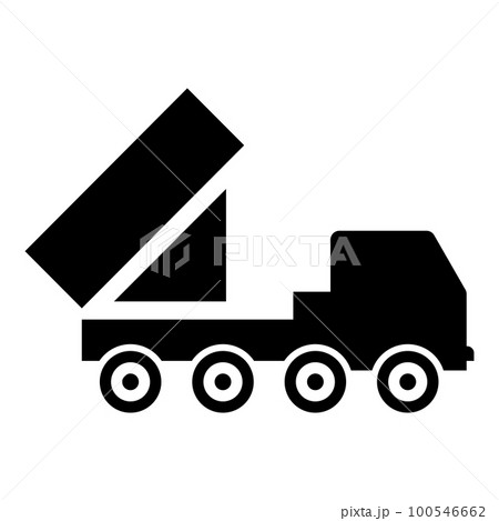 Reactive system volley fire salvo artillery American multiple launch on wheeled chassis high mobility army military truck air defense anti aircraft icon black color vector illustration image flat 100546662
