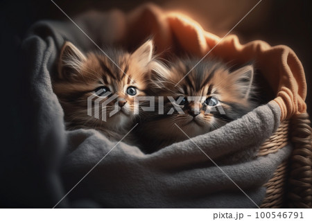 Beautiful Kittens with a Blanket . AI generated Illustration. 100546791